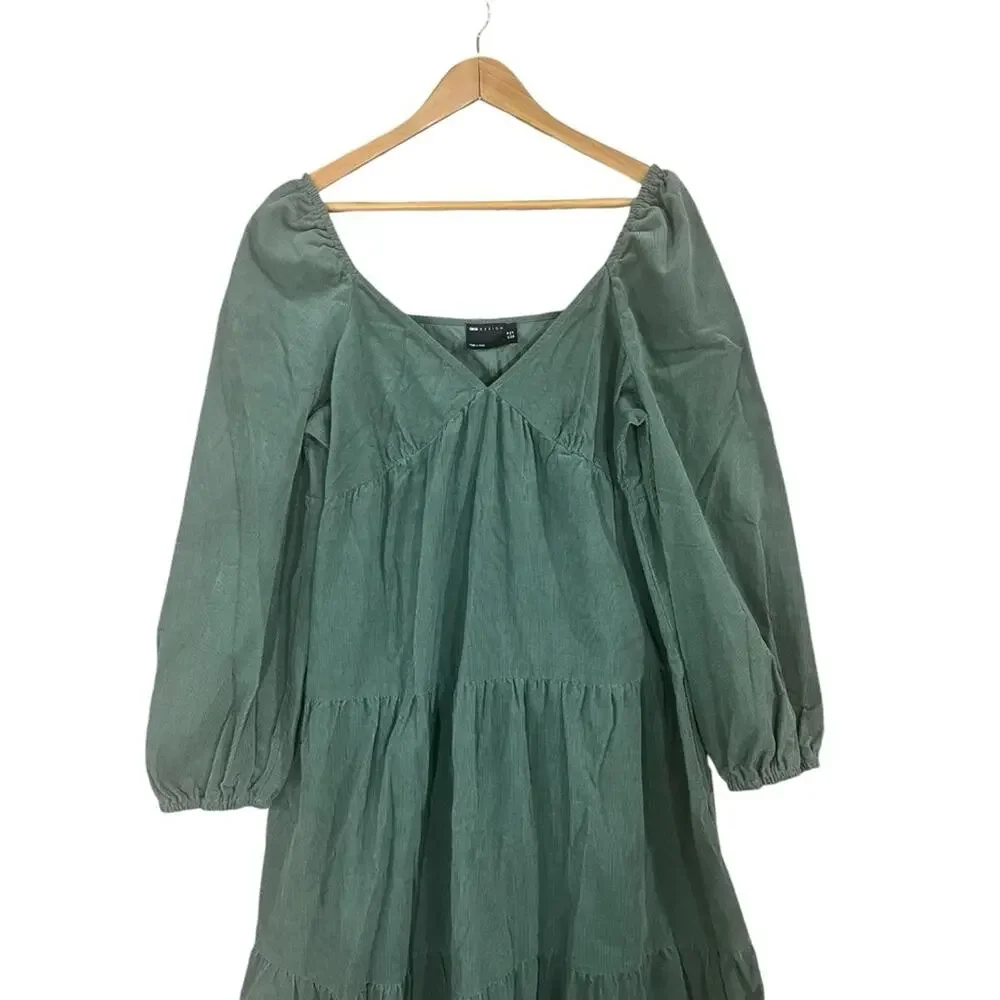 ASOS DESIGN tiered cord babydoll midi smock dress in green khaki SIZE 14 - Picture 2 of 7